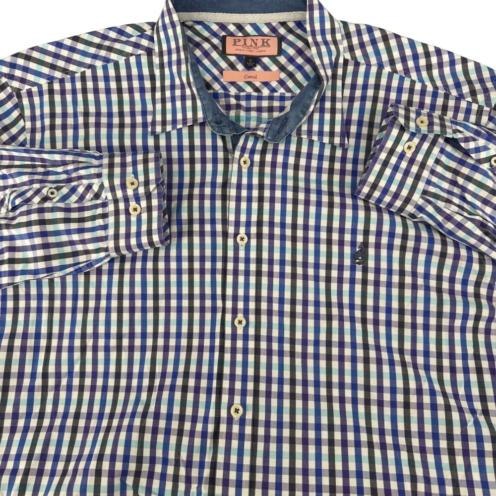 Thomas Pink Jermyn Street London Mens XL Casual Button Down Shirt Blue Check Fox
